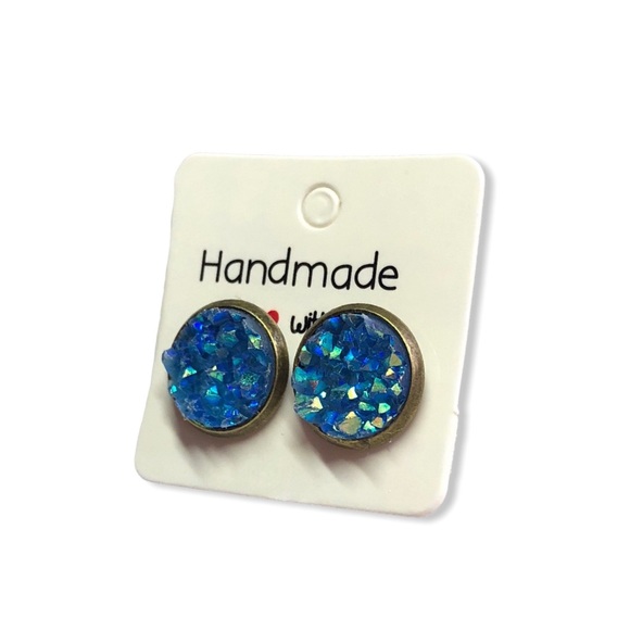 AB Blue Crystal Chunky Druzy Stud Earrings! - Picture 5 of 16